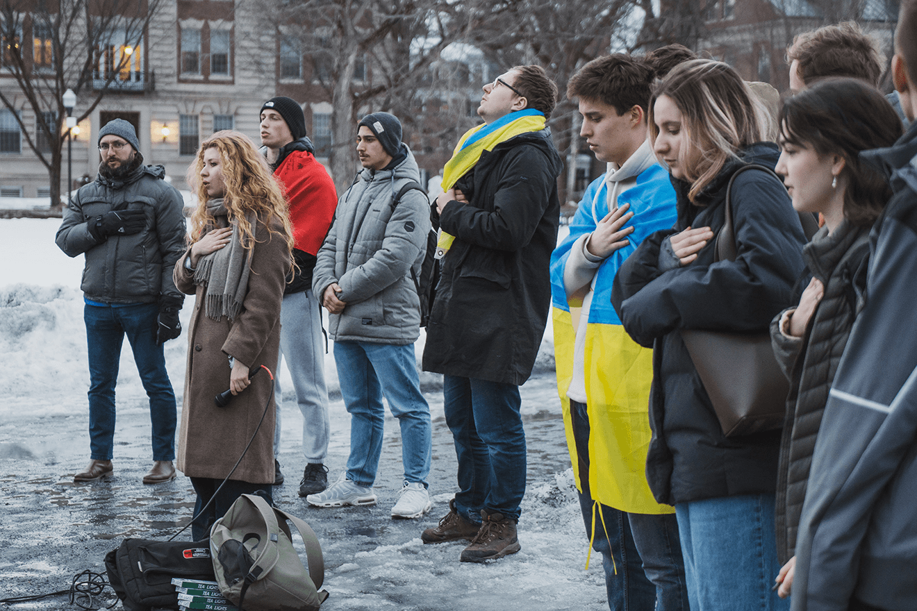 Animated gif of vigil for Ukraine, ChemClass, and intramural volleyball