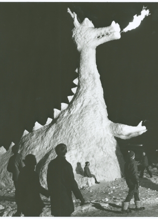 Fire-breathing winter carnival sculpture