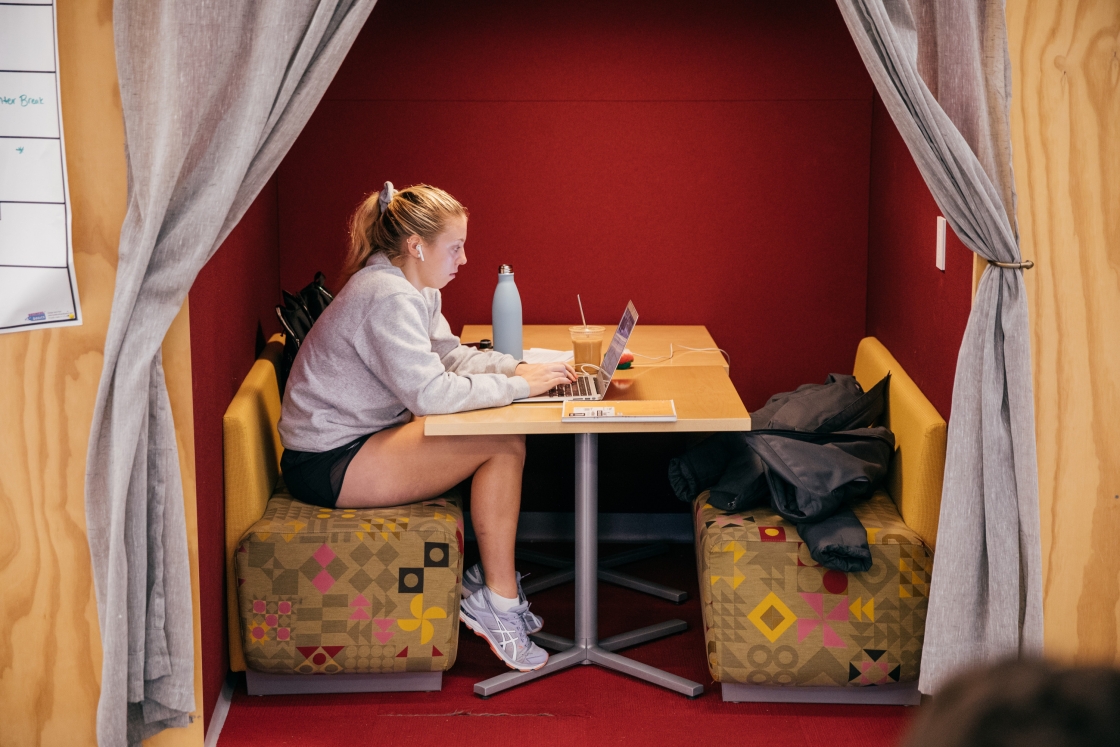 Carter Nelson '22 studying inside &quot;The Onion,&quot; shared between South House and North Park House Communities.