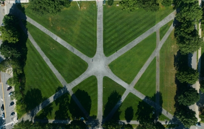 Aerial of the campus Green and it's pathways