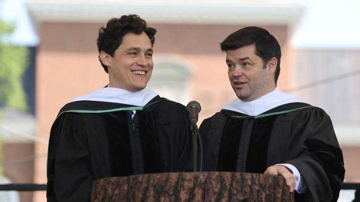 Chris Miller and Phil Lord speak at the Dartmouth Commencement