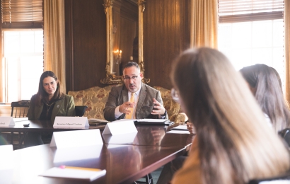 Education secretary and President Beilock in student roundtable