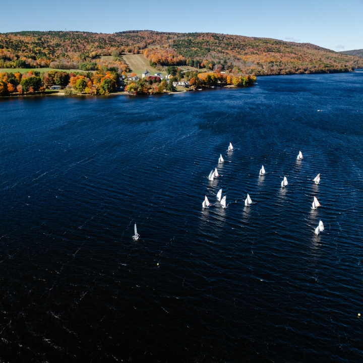 Aerial of sailing regatta on Mascoma Lake