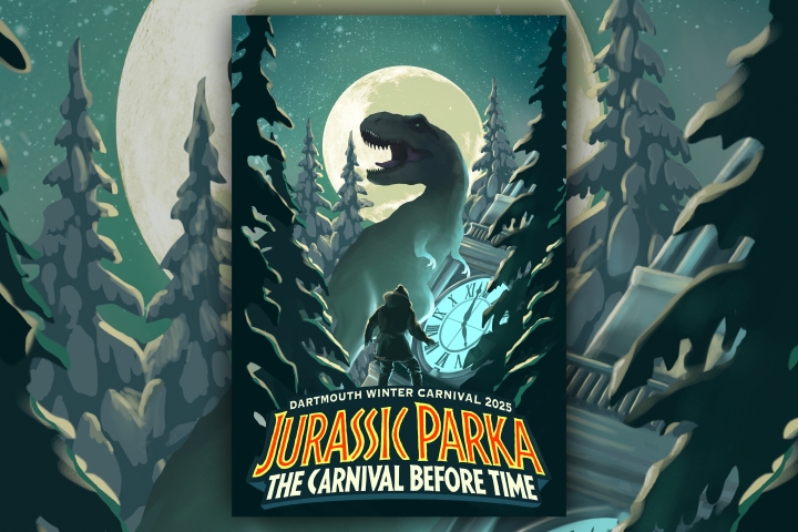 An illustration of a man looking up at a T-rex that blocks the moon