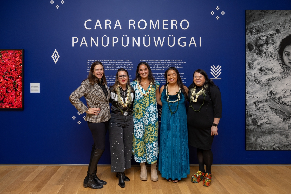 Sian Leah Beilock, Cara Romero, Teani De Fries, Hope Ushiroda-Garma, and Jami Powell in front of a blue backdrop