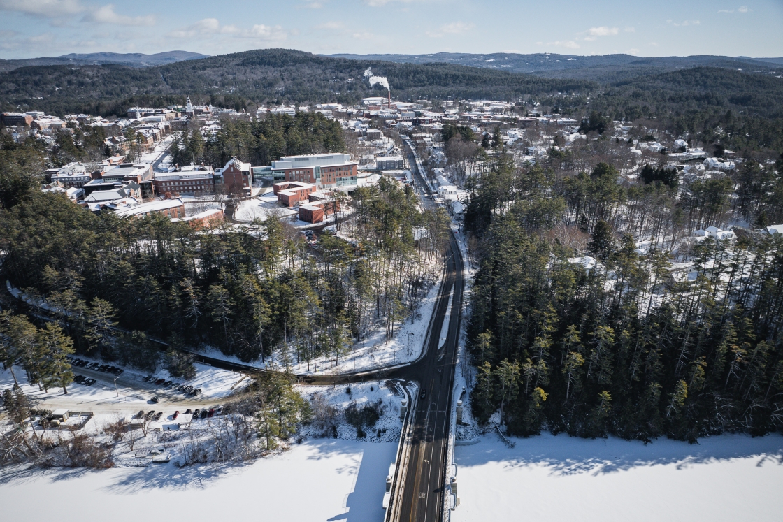 Aerial shot of campus covered in snow