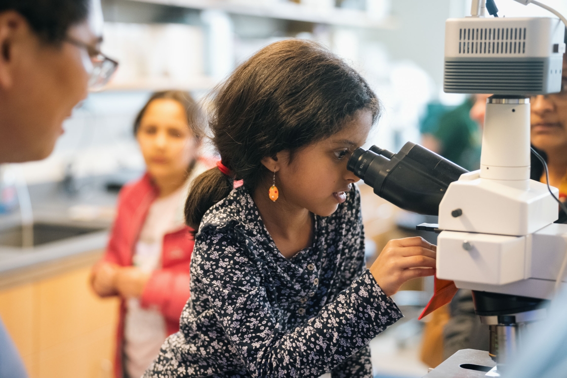 Young girl looks into a microscope