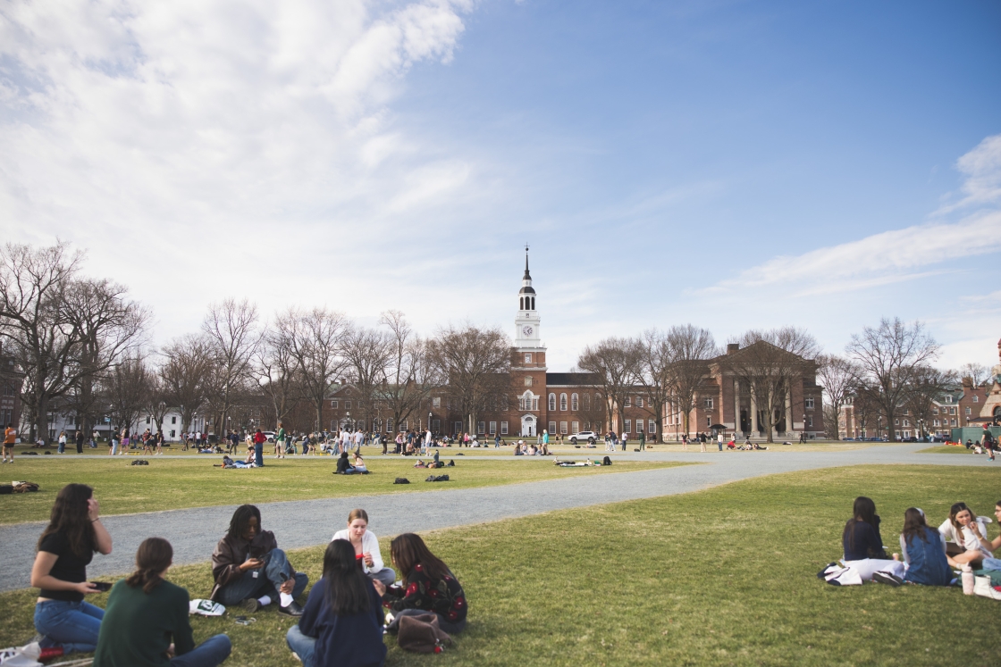 Students gathered in small groups around the Green