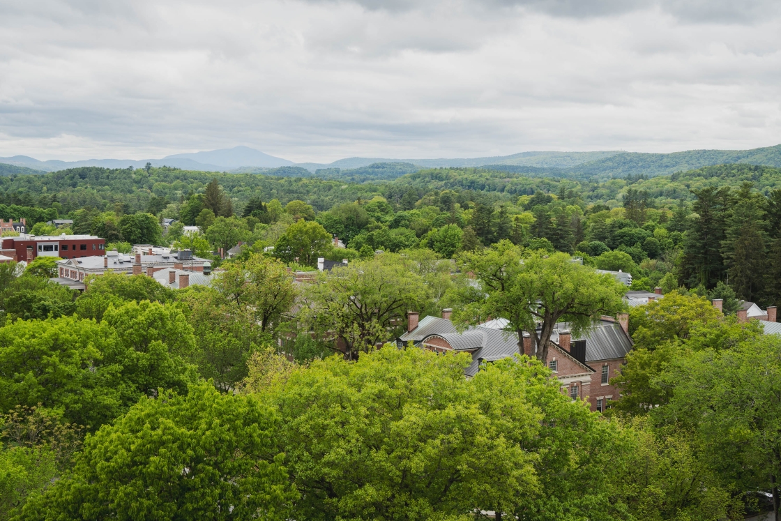 Shot of mountains and campus buildings from above