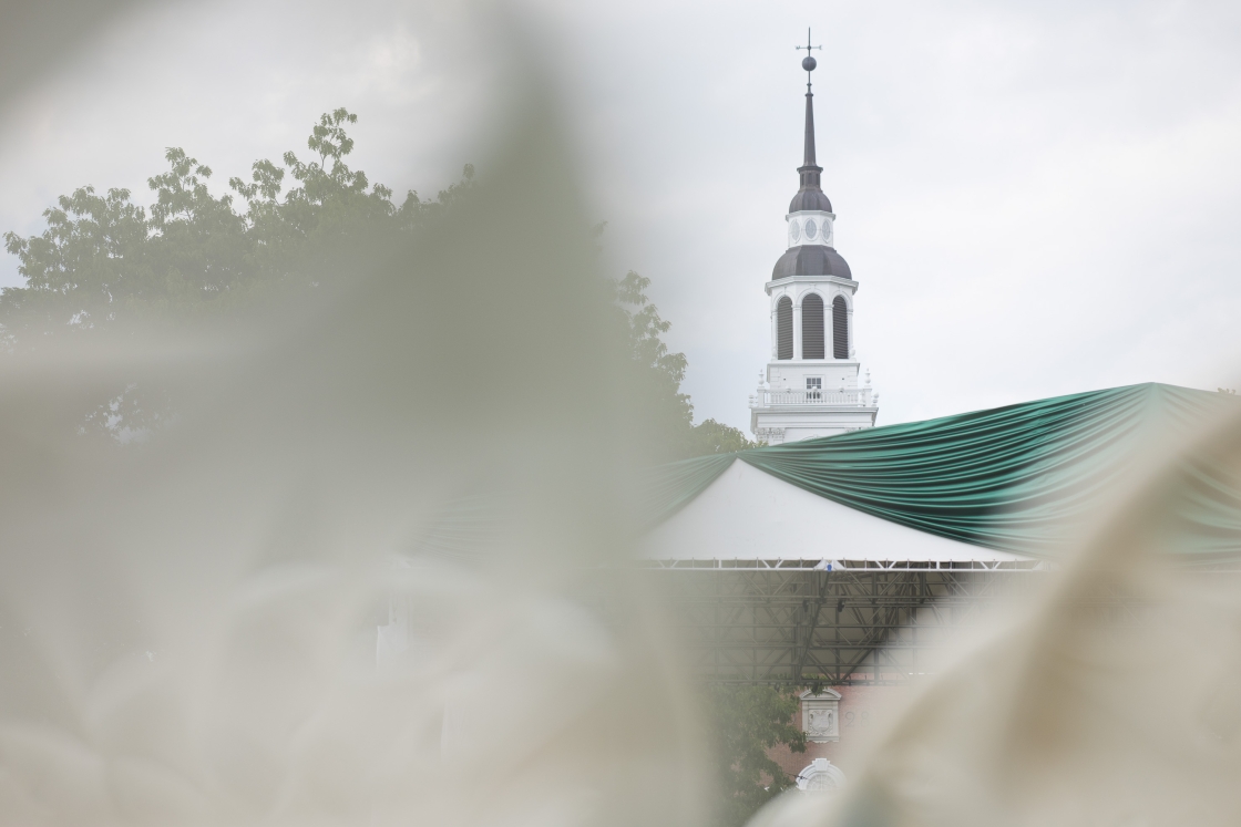 Baker Tower seen through the commencement chairs