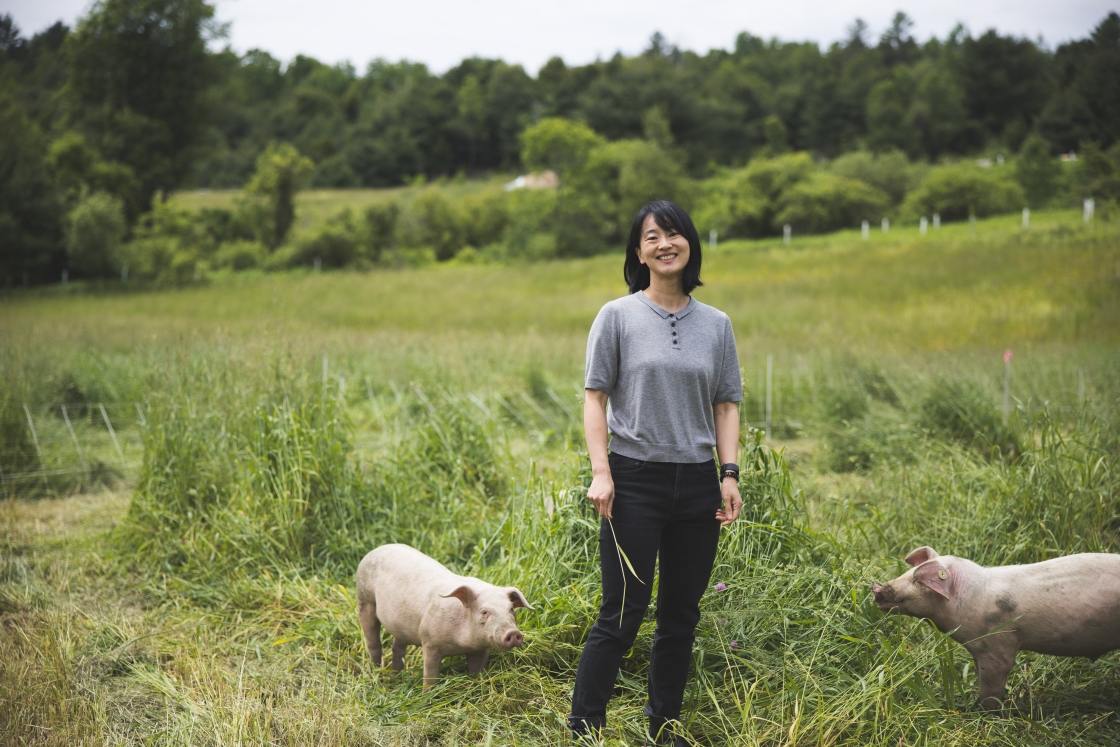 Jiajing Wang with pasture-raised pigs