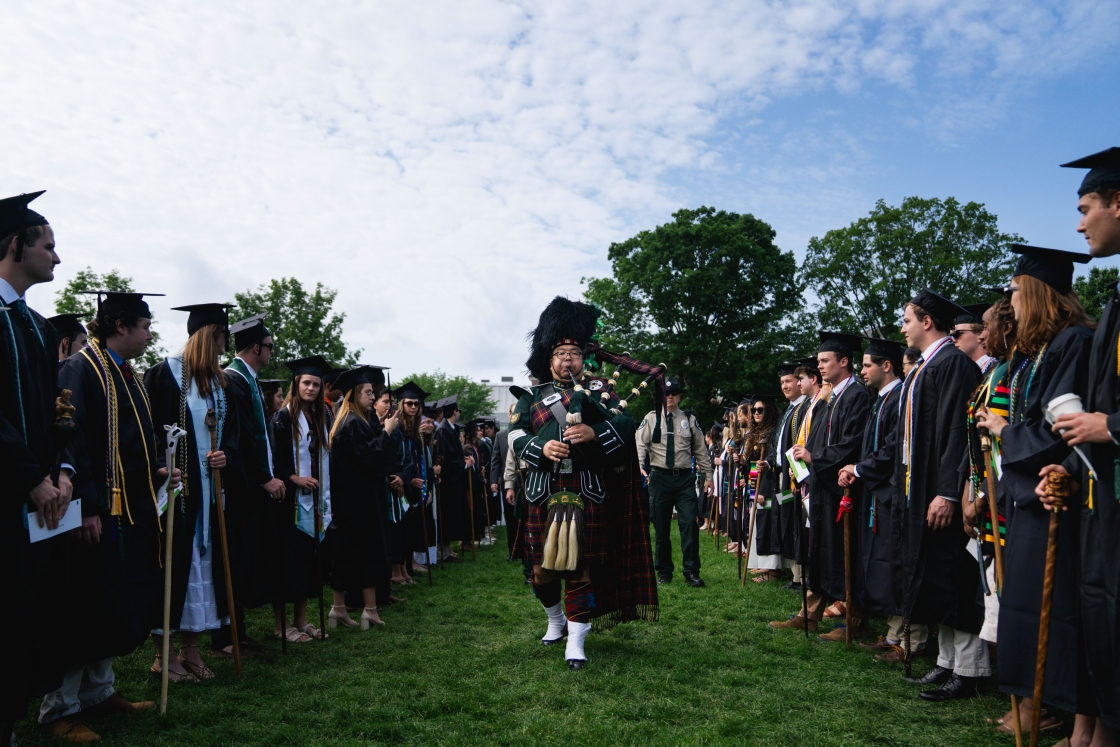 Joshua Marks, bagpiper, plays the instrument during processional