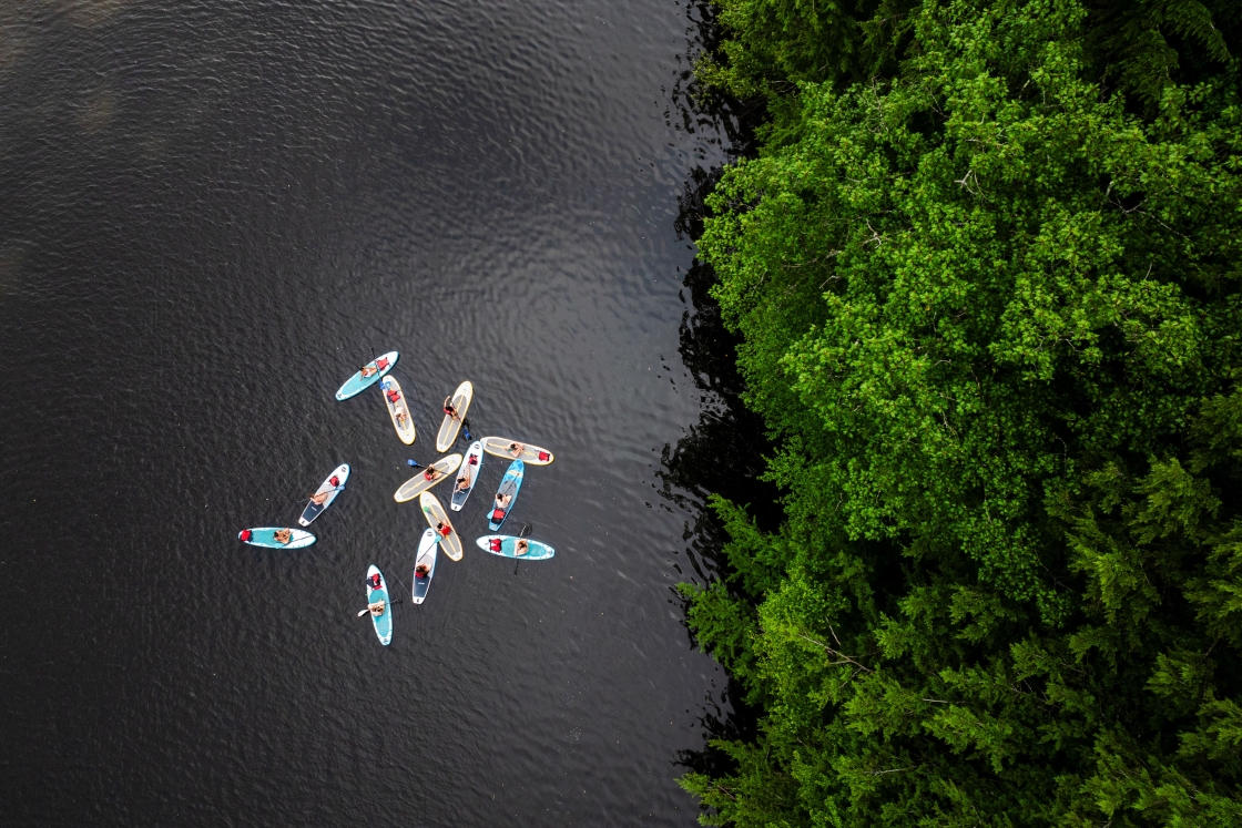 Aerial of paddle boarders on the Connecticut River