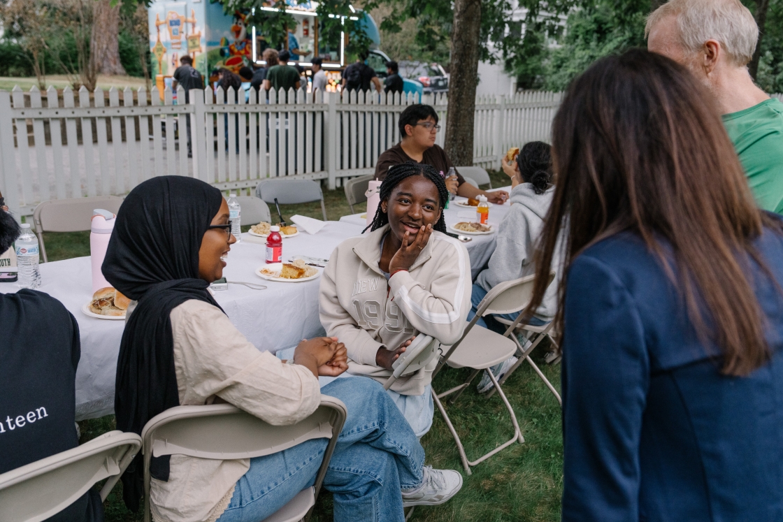 Students speaking to Jennifer Rosales and Jay Davis