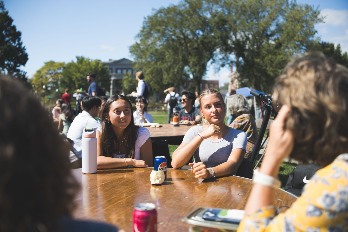 Women sit around a table outside