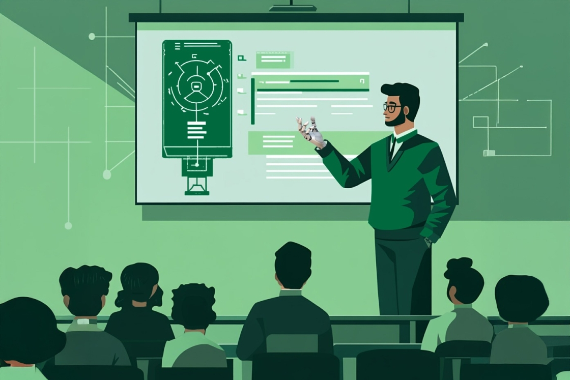 Illustration of a person with a robotic hand teaching