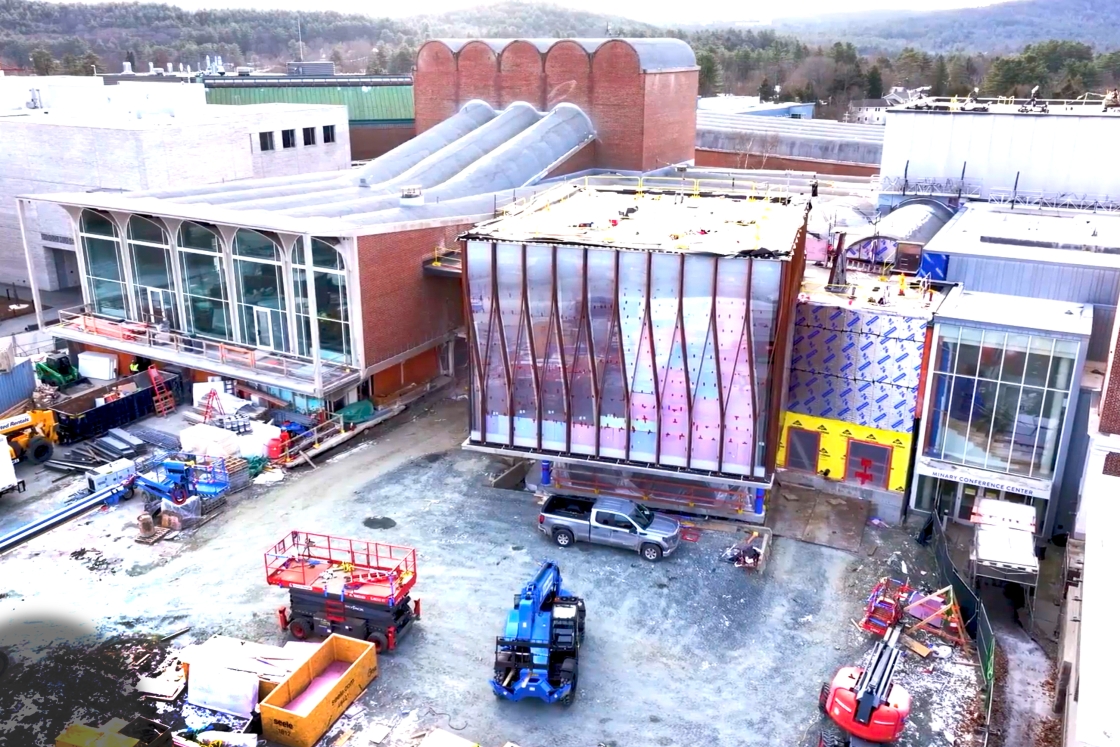 An aerial shot of Hopkins Center for the Arts under construction