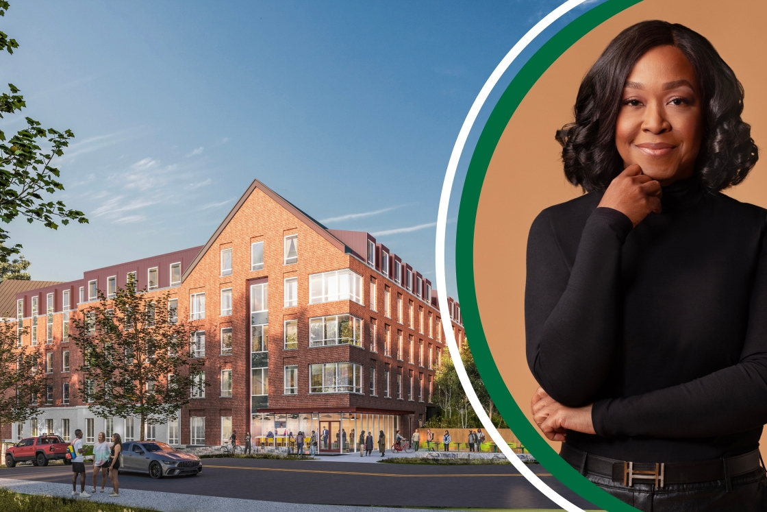 Shonda Rhimes with the rendering of the res hall
