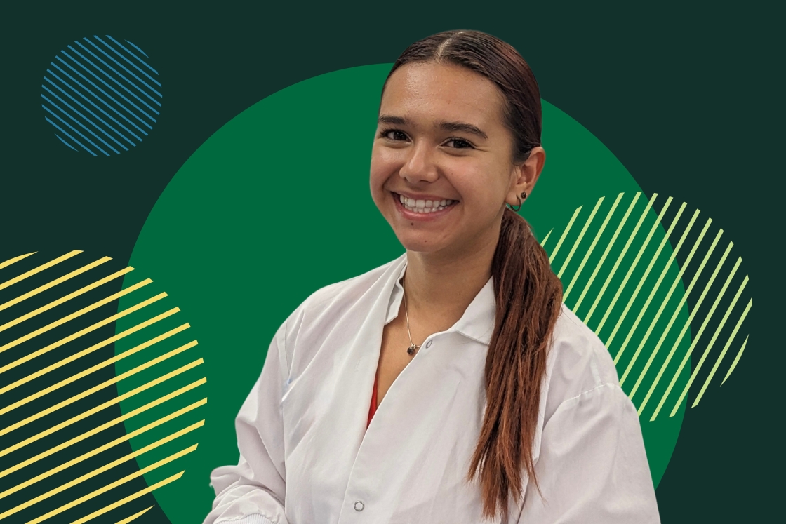 Victoria Ruiz with a graphic of circles behind her