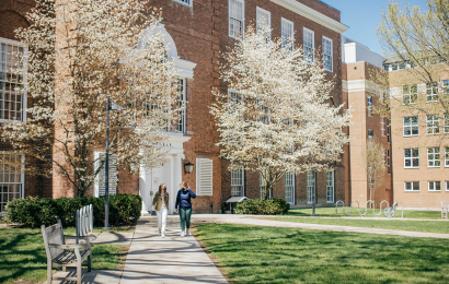 Baker library with blooming spring trees