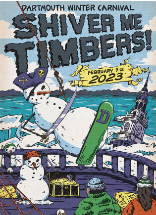 2023 poster with surfing pirate snowmen reading "Shiver me timbers!"