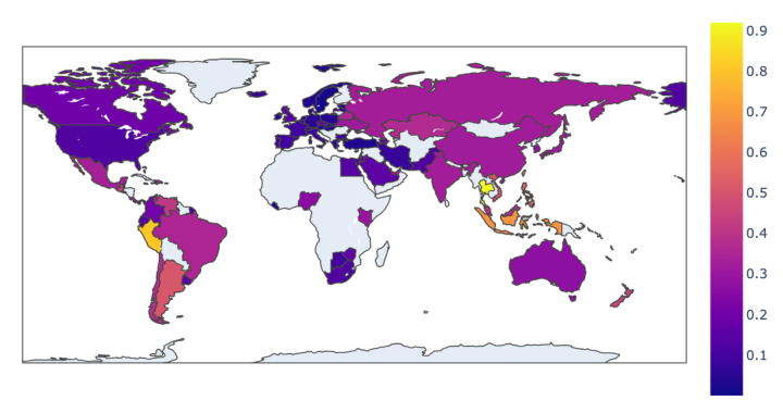 A map showing the percentage of blacklisted jurisdiction use