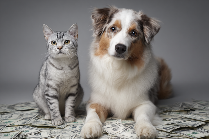A cat and a dog sitting on a pile of money