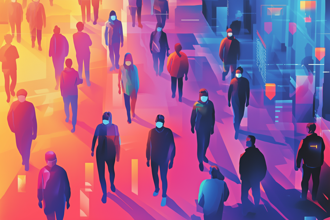 People walking wearing masks and distancing