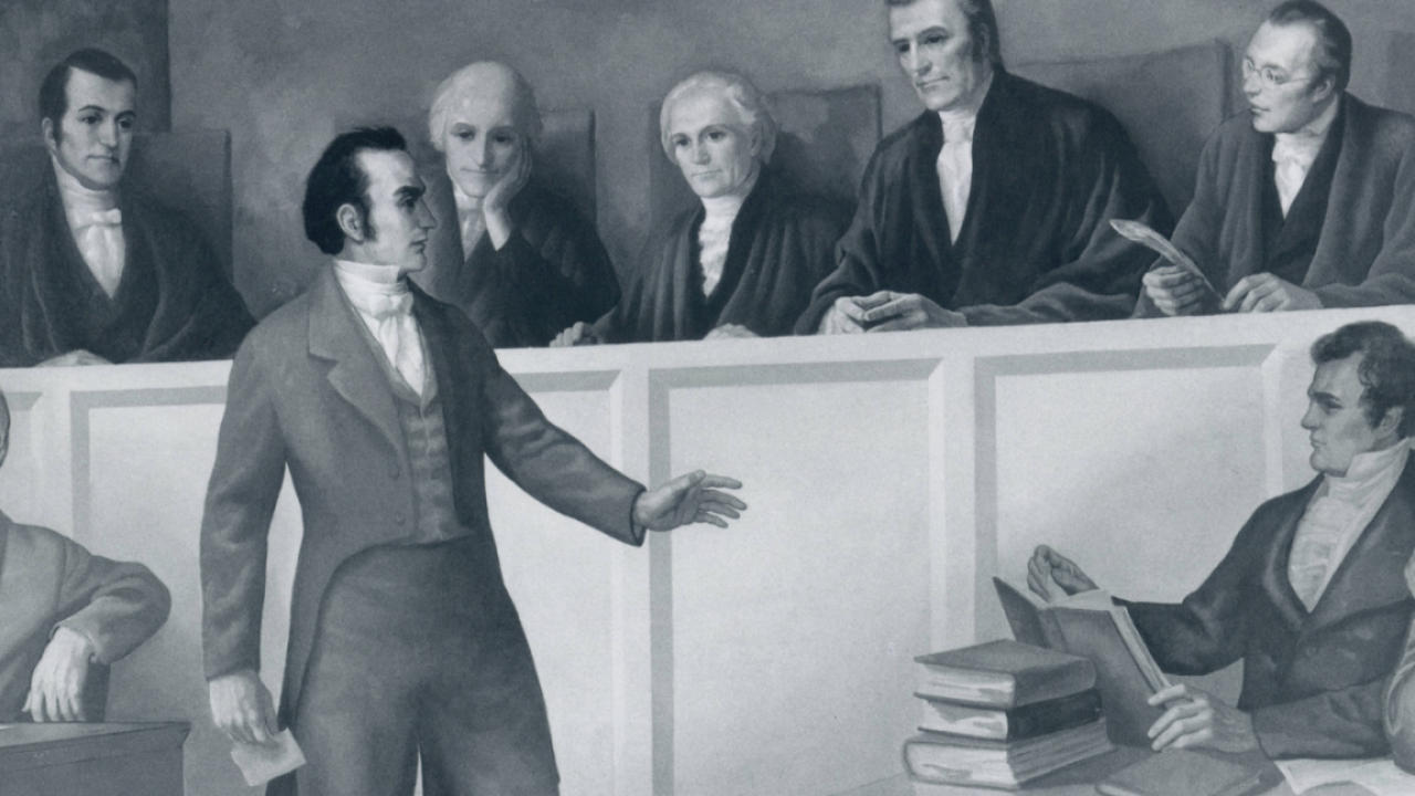 Depiction of supreme court case being argued